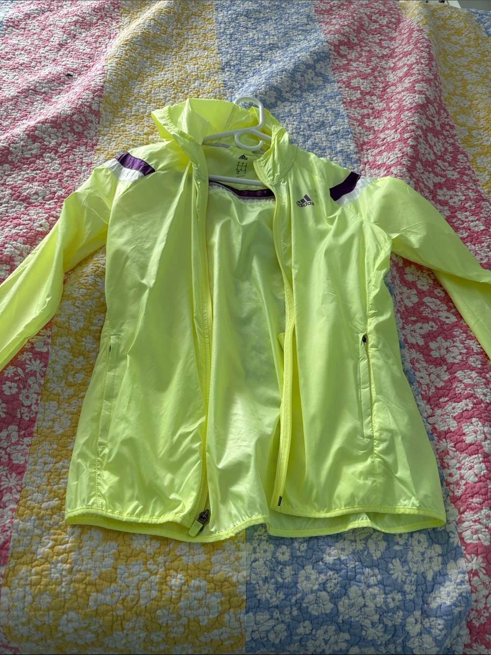 adidas Neon Yellow Hooded Windbreaker with Purple Shoulder Accents